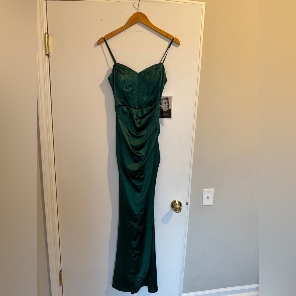Emerald Green Satin Corset Maxi Dress with Side Slit – XS - Picture 5 of 13